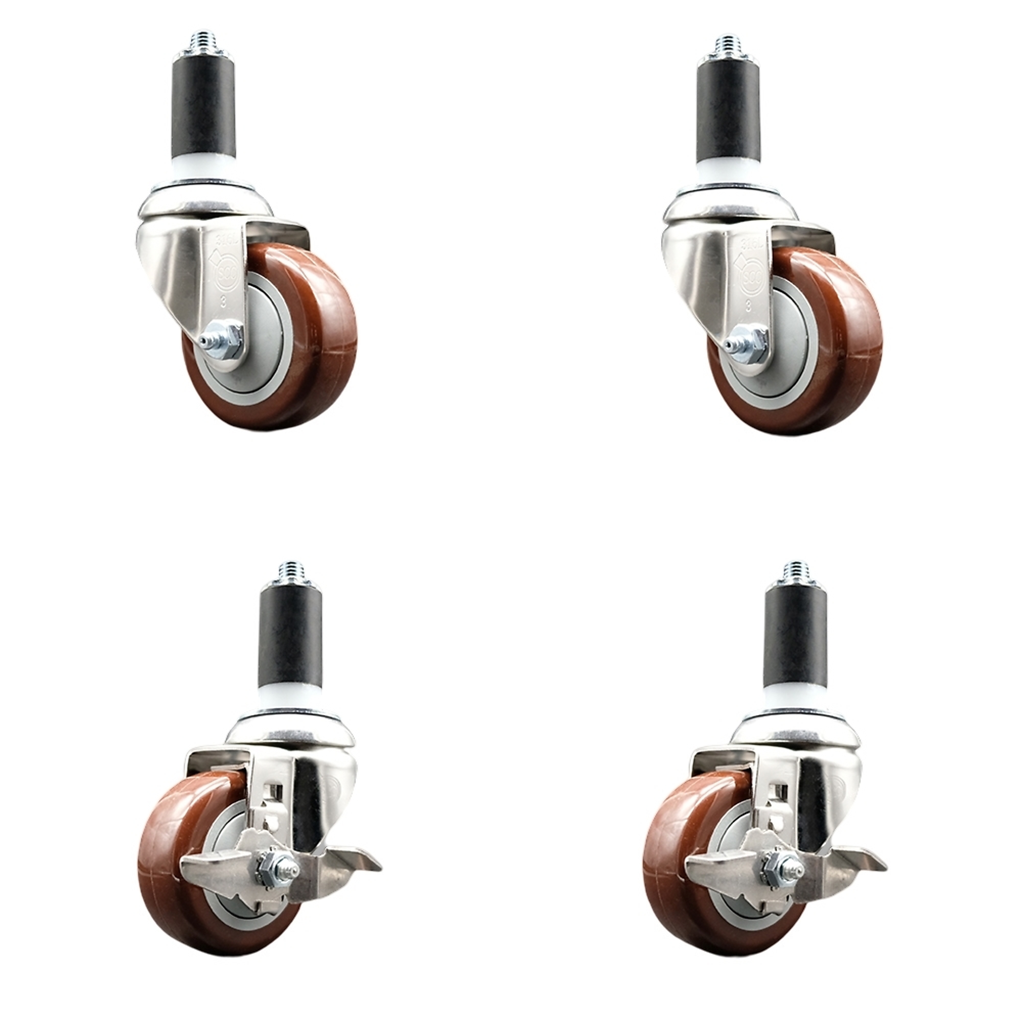 Service Caster, 3 1/2in. x 1 1/4in. Stem Casters, Wheel Diameter 3.5 in, Caster Type Swivel, Package (qty.) 4, Model# SS316EX20S3514-PPUB-MRN-2-TLB-2-138